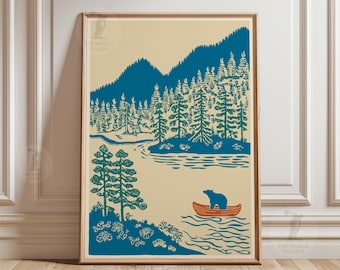 Bear Canoe Print | Linocut Style Mountain Lake Nature Wall Art