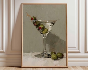 Arte de parede para coquetel de Martini, pôster de Martini com azeitonas, decoração moderna para bar, impressão para cozinha de coquetéis, arte minimalista de natureza morta com álcool