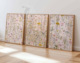 Wildflower Poster Set of 3, Floral Botanical Prints, Boho Wall Art