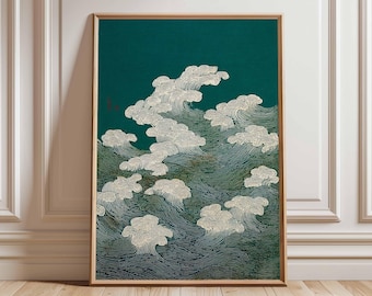 Japanese Wave Art Print, Green Ocean Coastal Decor