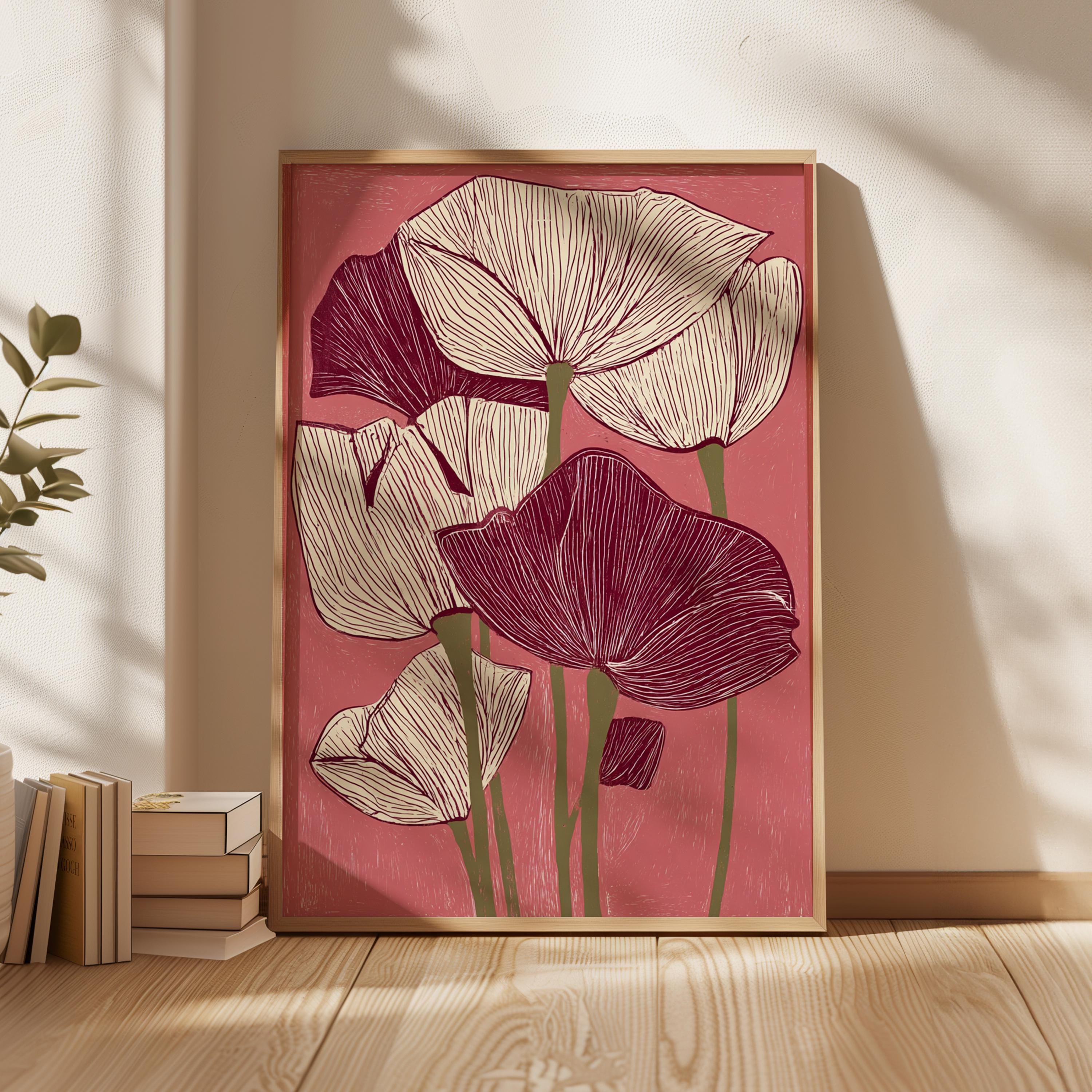 Modern Floral Art Print, Burgundy Poppy Wall Art, Minimalist