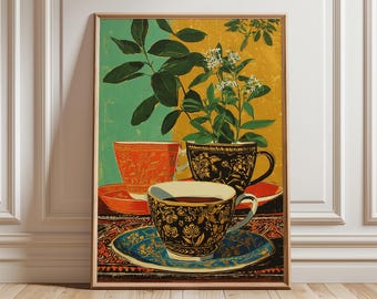 Vintage Tea Cup Still Life Art Print, Botanical Kitchen Decor