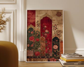 Persian Floral Arch Pattern in Red and Gold Tones, Persian Wall Decor