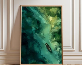 Aerial River Boat Poster, Green Watercolor Landscape Print