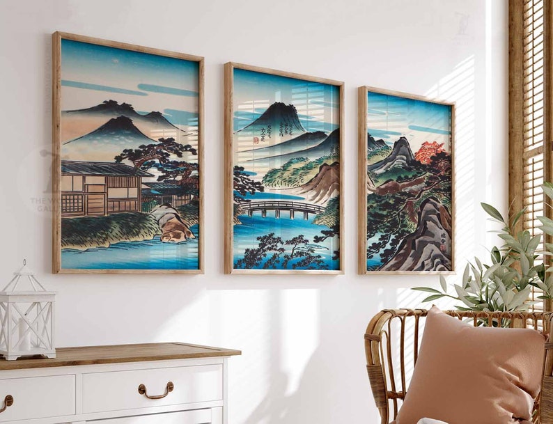 Set of 3 Japanese Floral Posters, Gold Japanese Prints, Botanical Wall