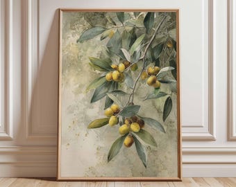 Olive Branch Wall Art, Mediterranean Botanical Print, Rustic Nature Poster, Watercolor Olive Tree Artwork, Kitchen and Dining Room Decor