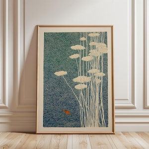 Poster lotus et carpes koï, art botanique japonais sur la texture de l'eau bleue