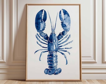 Lámina de pared de langosta azul, decoración costera náutica, póster de animales del océano, obra de arte de casa de playa, ilustración moderna de vida marina