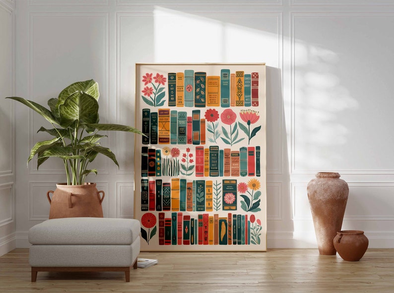 May include: A framed print with a colorful design of books and flowers. The books are stacked in rows and have different colors and patterns. The flowers are in various shades of pink, red, and orange.