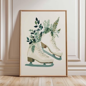 Ice Skates Poster, Winter Wall Art, Botanical Ice Skating Print, Vintage Skating Decor, Holiday Artwork, Cozy Seasonal Illustration