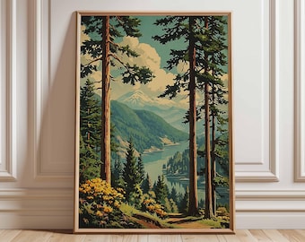 Mountain Forest Wall Art, Nature Landscape Poster Print, Wilderness Hiking Artwork, Rustic Cabin Decor, Scenic National Park Print