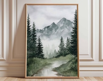 Misty Mountain Landscape Print, Watercolor Forest, Rustic Cabin Wall Art