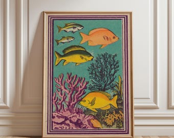 May include: A framed vintage print featuring colorful fish swimming above coral. The artwork showcases various fish in shades of yellow and orange against a teal background. The coral is depicted in pink and purple hues.