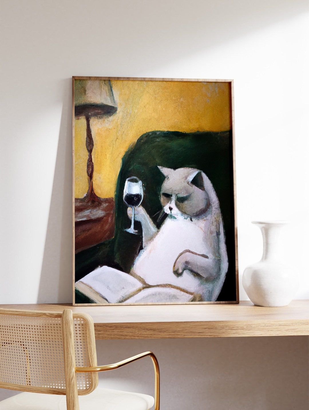 Cat Wine Funny Poster, Vintage Art Print, Drinking Wine Feline Fine ...