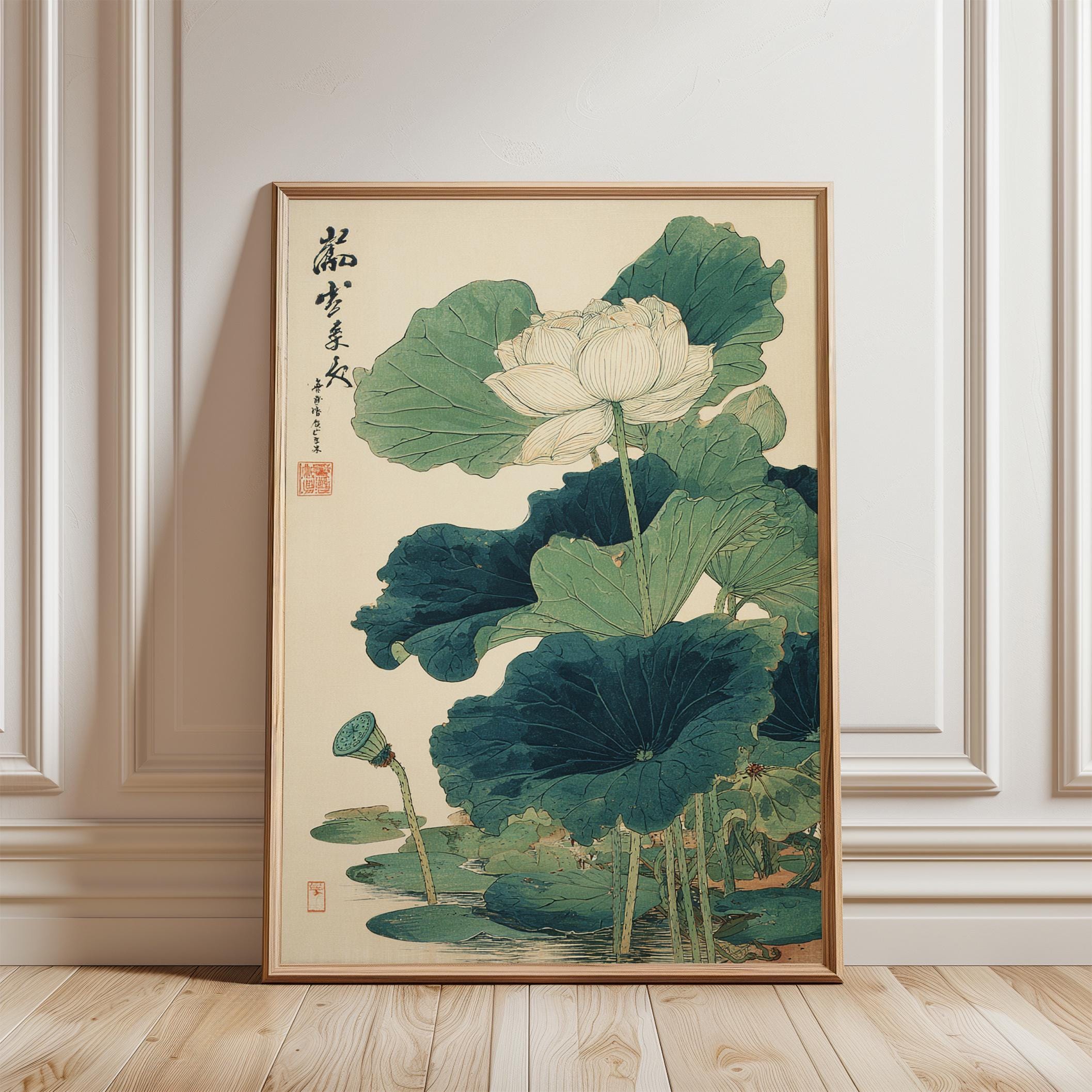 Japanese Lotus Flower Poster | Green Botanical Ukiyo E
