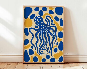 Lámina artística de pulpo, temática marina náutica, decoración de pared costera.