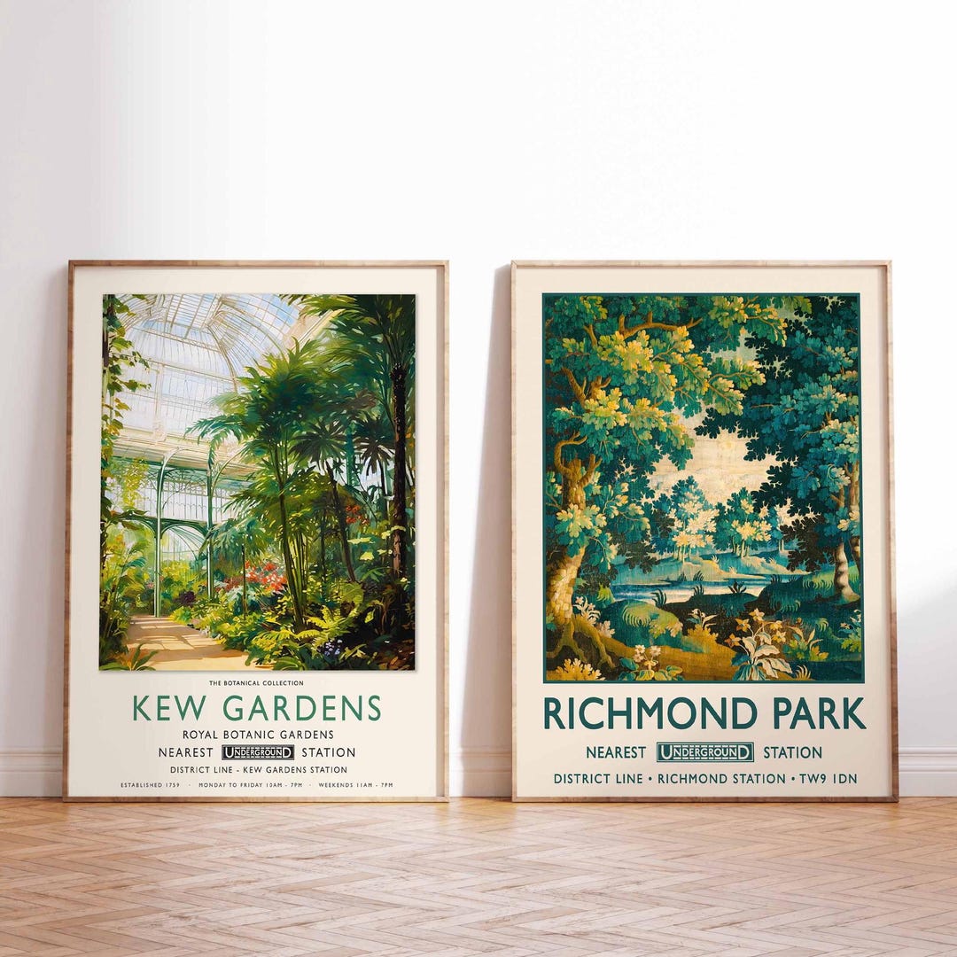 Curated visual reference: Visual Reference: Kew Gardens Richmond Park Poster Set Vintage London Travel Prints