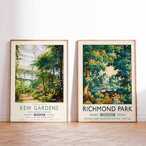 Kew Gardens & Richmond Park Poster Set, Vintage London Reisedruck, Britische Wandkunst, Botanischer Garten, Landschaftsdekor