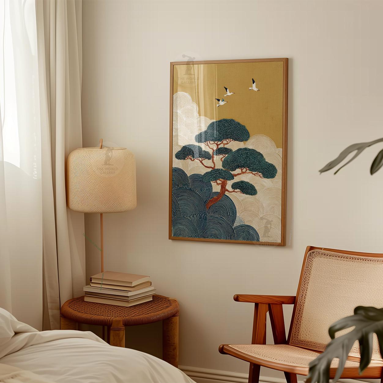 Mustard Japanese Tree Poster Print | Teal Wave Landscape Wall Art ...