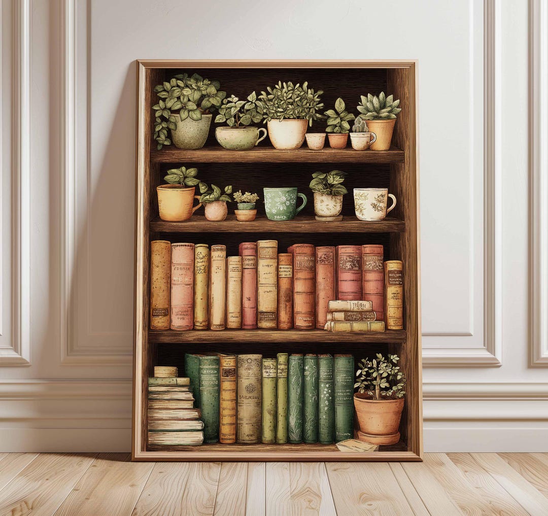 Vintage Bookshelf Poster, Cozy Bookshelf Wall Art, Botanical Book Print ...