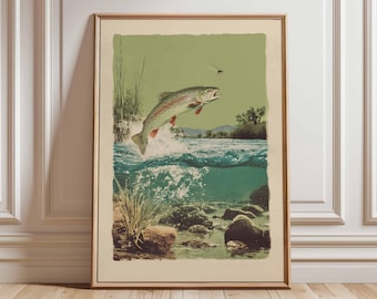 Lámina vintage de trucha, obra de arte sobre pesca con mosca, decoración rústica para la pared de una cabaña.