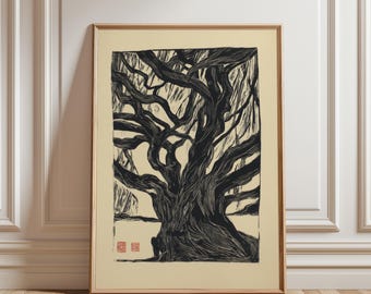 Gnarled Tree Woodcut Poster, Japanese Ink Style Illustration