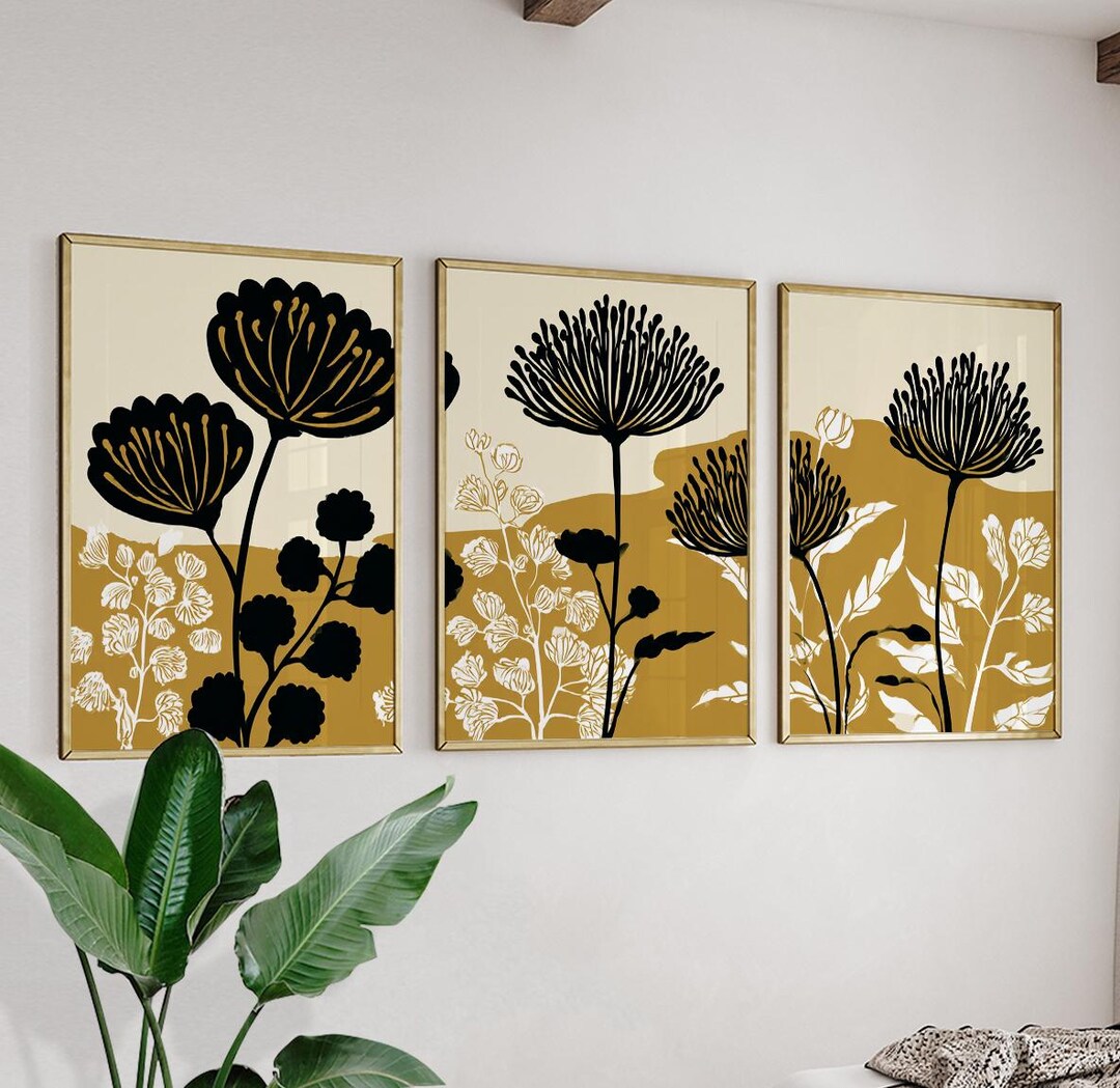 Modern Botanical Wall Art | Black and Gold Floral Posters | Set of 3 ...