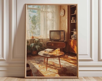 May include: A framed vintage-style interior scene. The artwork depicts a living room with a retro television, a round coffee table, and a patterned rug. The room is bathed in warm sunlight, creating a cozy atmosphere. The color palette includes browns, beige, and greens.