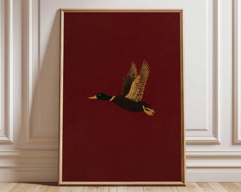 Poster retrò con uccelli, stampa murale vintage con anatre, stampa di uccelli in volo di metà secolo, decorazioni rustiche con animali selvatici, illustrazioni di capanne di caccia, illustrazioni naturalistiche