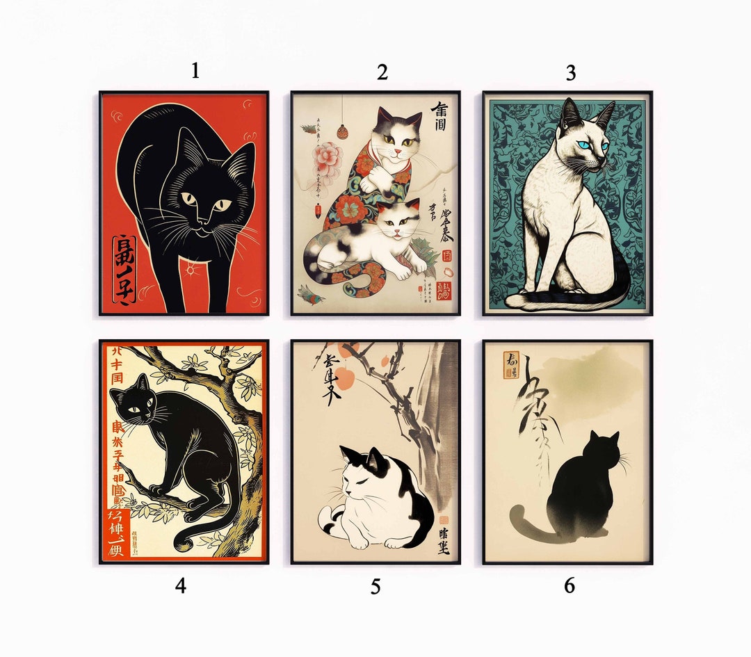 Japanese Cat Poster Sets, Vintage Japanese Cat Print, Cat Poster