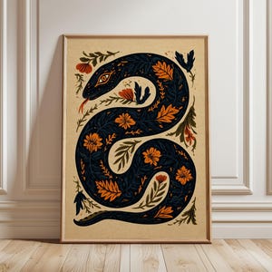 Botaniskt ormtryck | Ormposter med folkkonst | Väggdekor med mörk akademi | Stämningsfull blommig illustration
