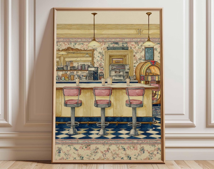 Retro Diner Art Print, Vintage Soda Fountain, Jukebox Decor