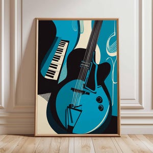 Jazz Music Wall Art, Abstract Musician Poster with Piano and Guitar, Modern Blue Music Room Decor