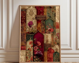 Persian Floral Arch Pattern in Red and Gold Tones, Persian Wall Decor