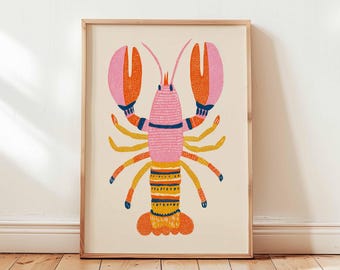 Estampado de langosta retro: ilustración náutica colorida, decoración costera.