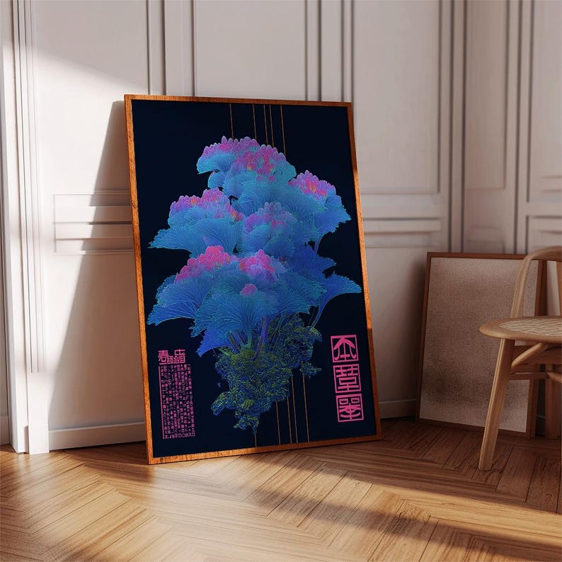 May include: A framed art print featuring a digital rendering of a blue and pink floral design against a dark background. The artwork is in a wooden frame and includes Asian characters in pink. The print is displayed on a wooden floor.