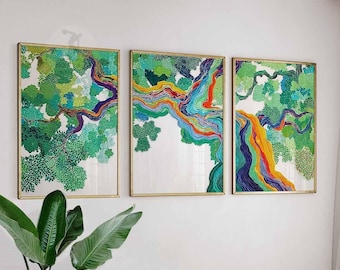 Juego de 3 pósteres de árboles arcoíris, arte mural de naturaleza abstracta y colorida, impresiones botánicas modernas para decorar salas de estar y dormitorios.
