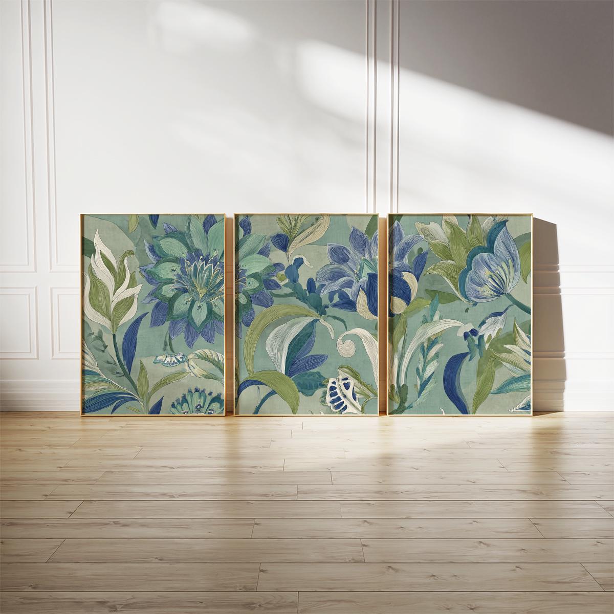 Blue Green Botanical Wall Art Posters Set of 3 | Floral Nature Prints ...