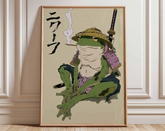 Lámina artística de rana samurái, guerrero del anime japonés