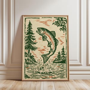 Trout Poster, Linocut Wildlife Illustration in Green and Rust Tones