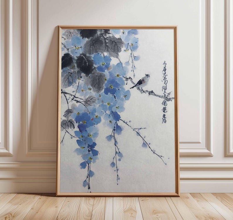 Japanese Blue Flower Wall Art Print, Oriental Ink Painting Poster ...
