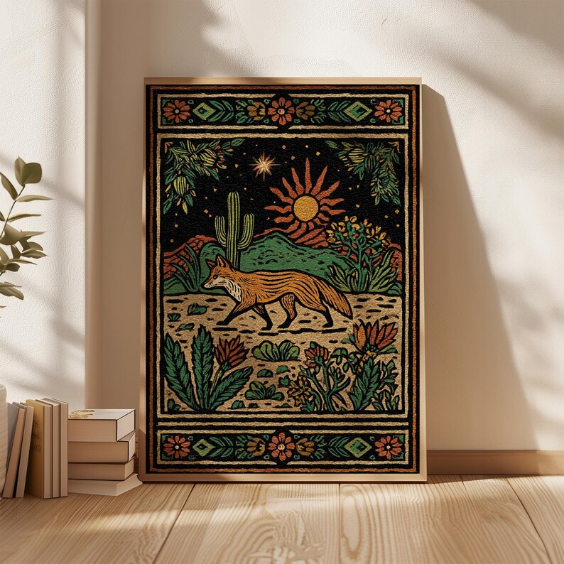 May include: A framed art print featuring a stylized illustration of a fox walking through a desert landscape. The artwork includes a sun, cactus, and various desert plants, with a black background and a decorative border. The color palette includes orange, green, and brown.