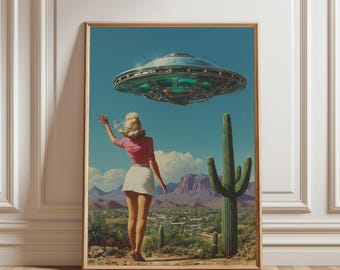 Plakat pin-up z UFO w stylu retro, wydruk z motywem statku kosmicznego w stylu science fiction z lat 50. XX wieku