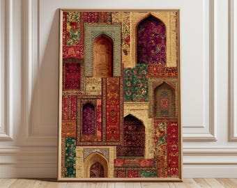 Könnte beinhalten: Gerahmtes Kunstwerk mit einer Collage aus persischen Teppichmustern und architektonischen Elementen. Das Design integriert gewölbte Türen und Holztüren mit einer Farbpalette aus Rot, Grün, Gold und Lila. Das Kunstwerk wird in einem Holzrahmen präsentiert.