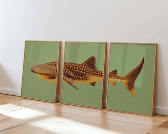 Conjunto de gravuras de tubarão-baleia, arte oceânica vintage em tons de azul-petróleo e dourado, decoração costeira para casa.