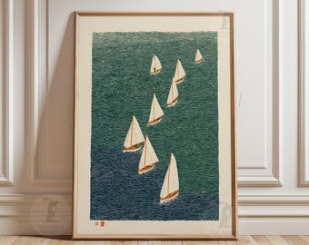 Sailing Boats Ocean Poster Print | Minimalist Sailboat Wall Art | Nautical Sea Illustration
