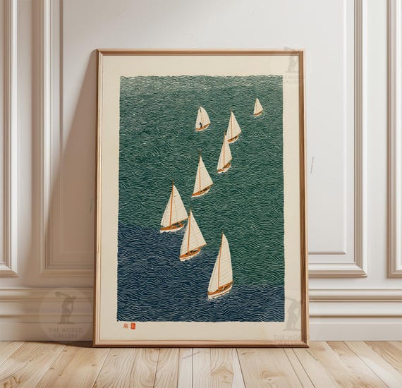 Sailing Boats Ocean Poster Print | Minimalist Sailboat Wall Art | Nautical Sea Illustration