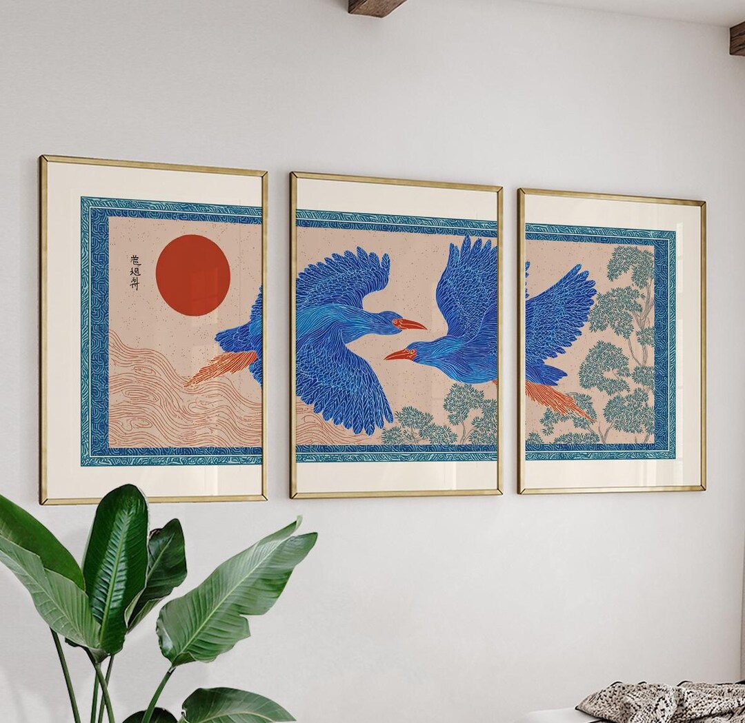 Blue Crane Posters Set of 3, Japanese Red Sun Nature Art Prints Wall ...