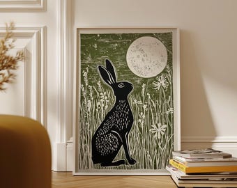 Hare in Moonlit Meadow Poster, Japanese Woodblock Art Print