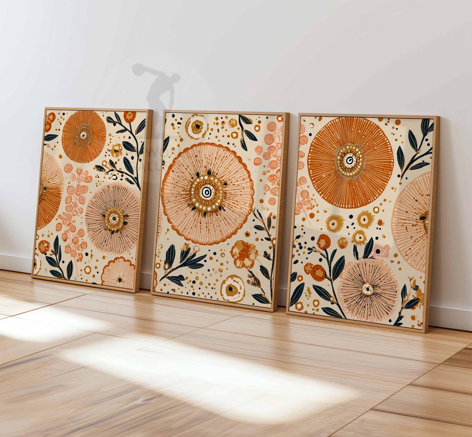 Boho Floral Wall Art Set of 3, Abstract Botanical Prints in Orange and ...